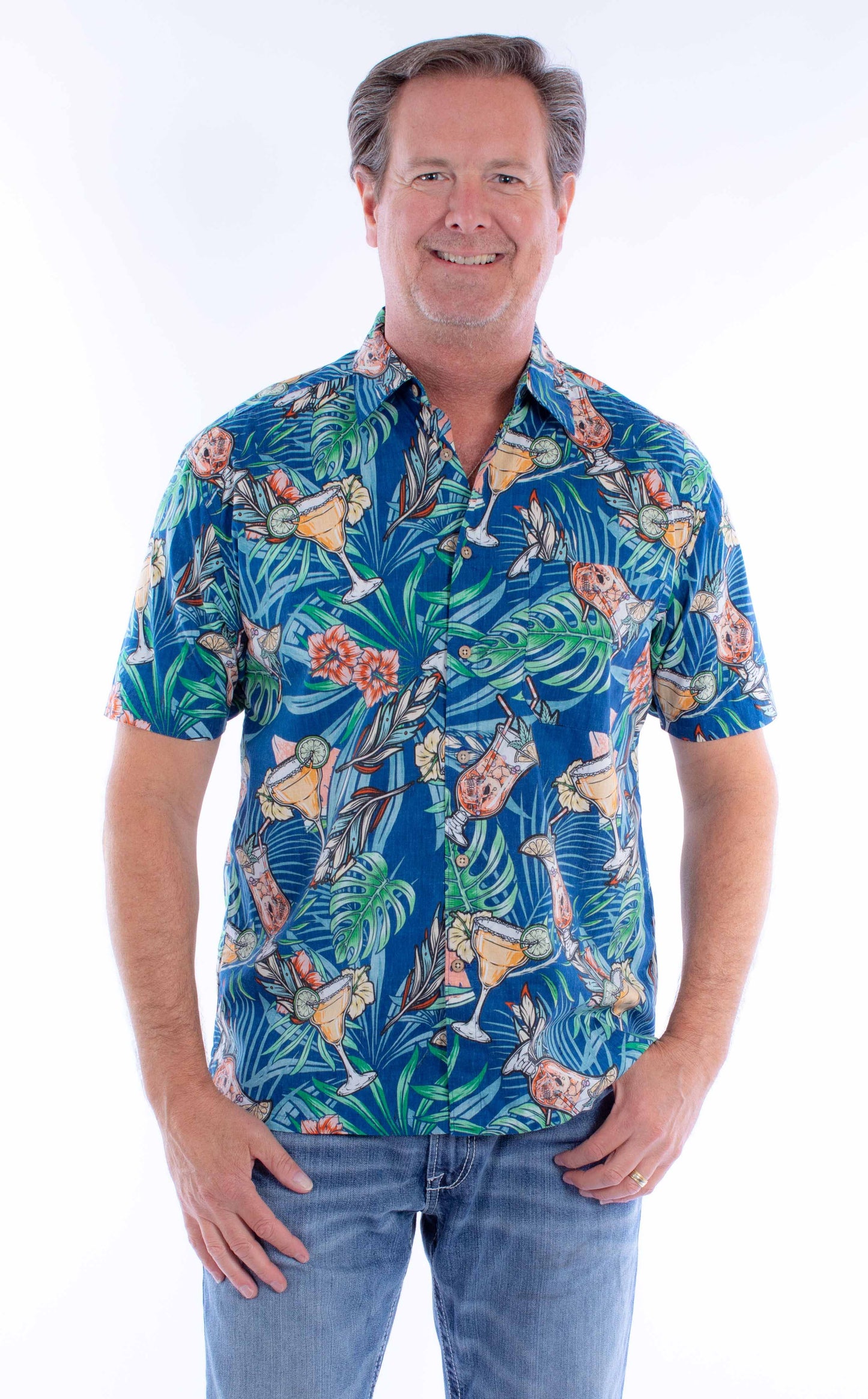 Scully Western Men's Cocktails Skulls Button Shirt in Blue