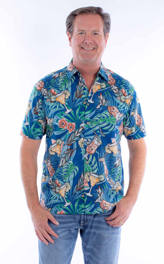 Scully Western Men's Cocktails Skulls Button Shirt in Blue