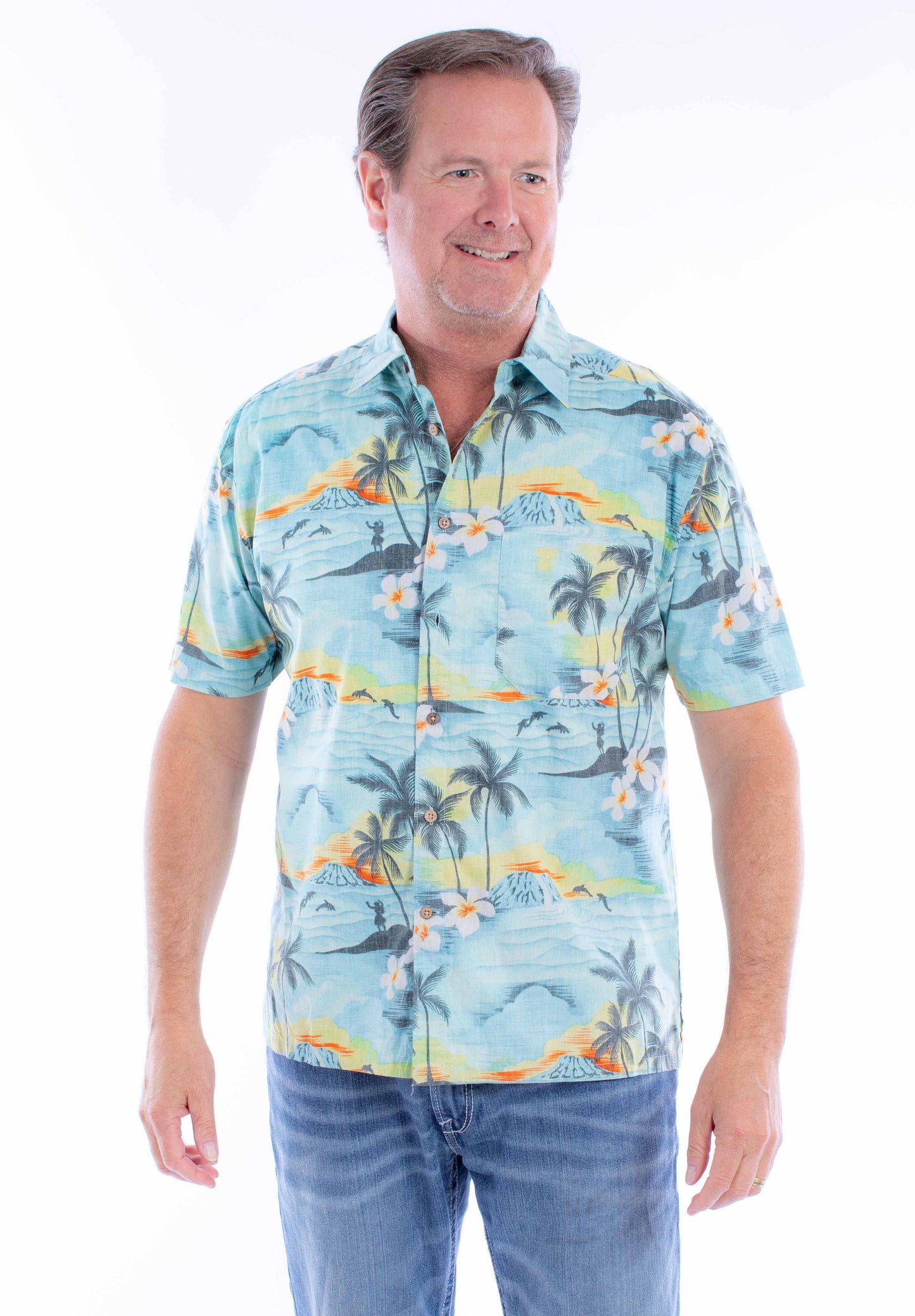 Scully Western Men's Hawaiian Print Button Shirt in Aqua