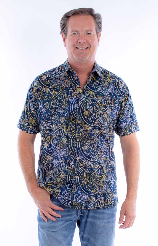 Scully Western Men's Batik Paisley Print Shirt in Navy