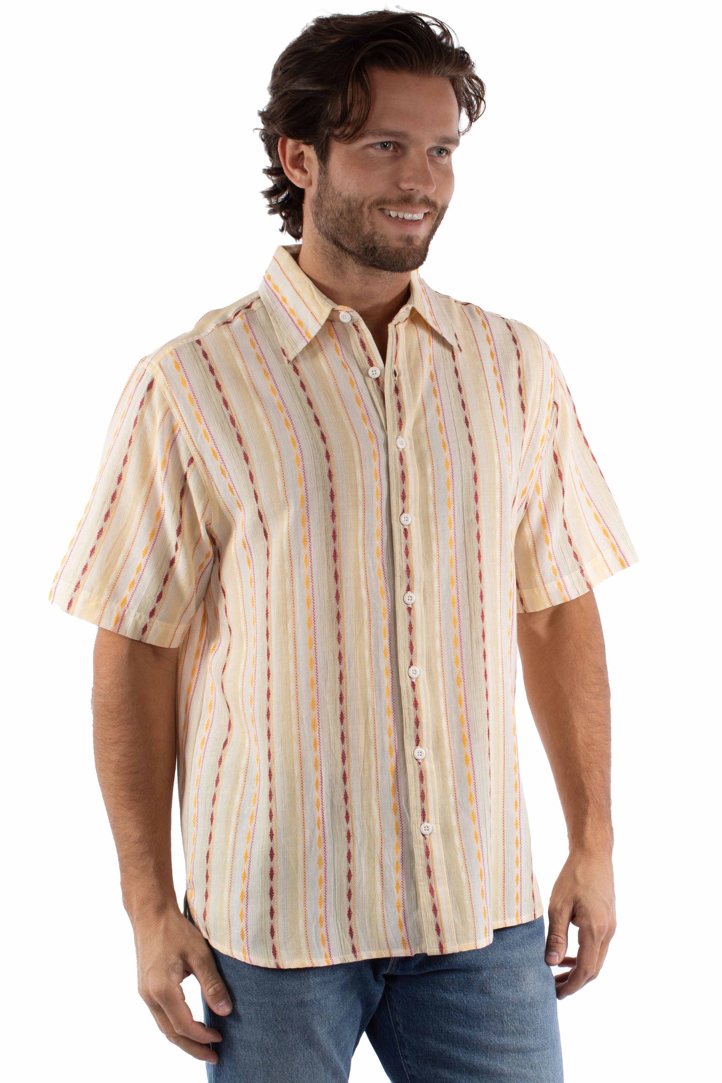 Scully Men's Jacquard Southwest Stripe Cotton Shirt in Cream