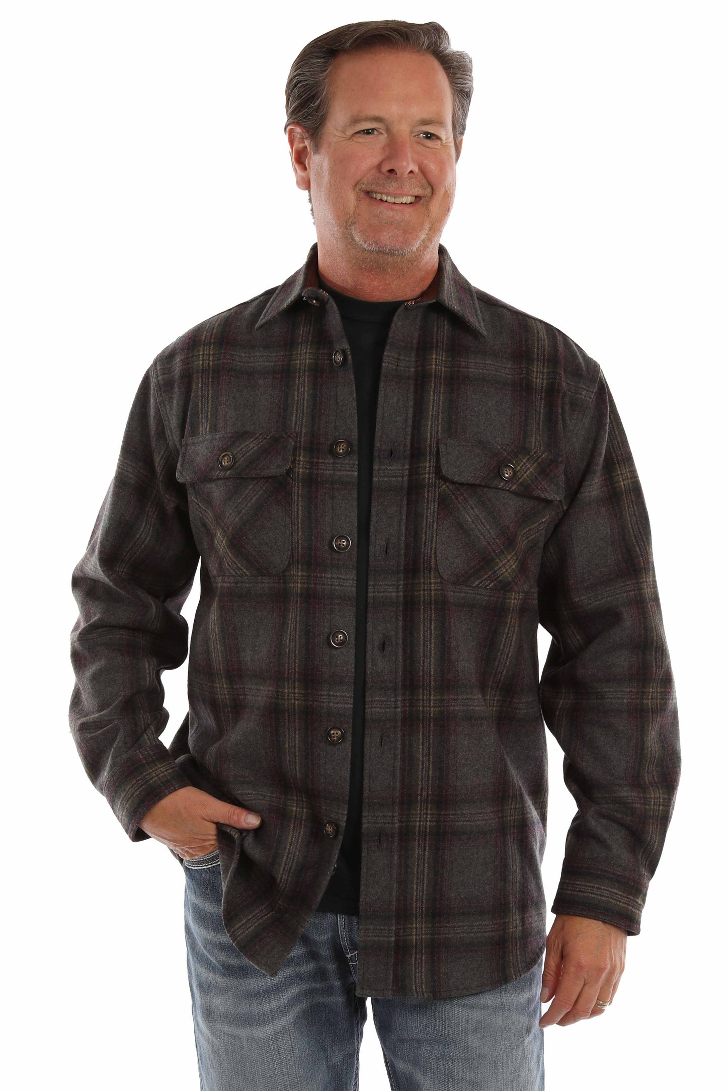 Scully Men's Heavy Weight Wool Blend Flannel Color Charcoal Burgundy in Charcoal-Burgundy