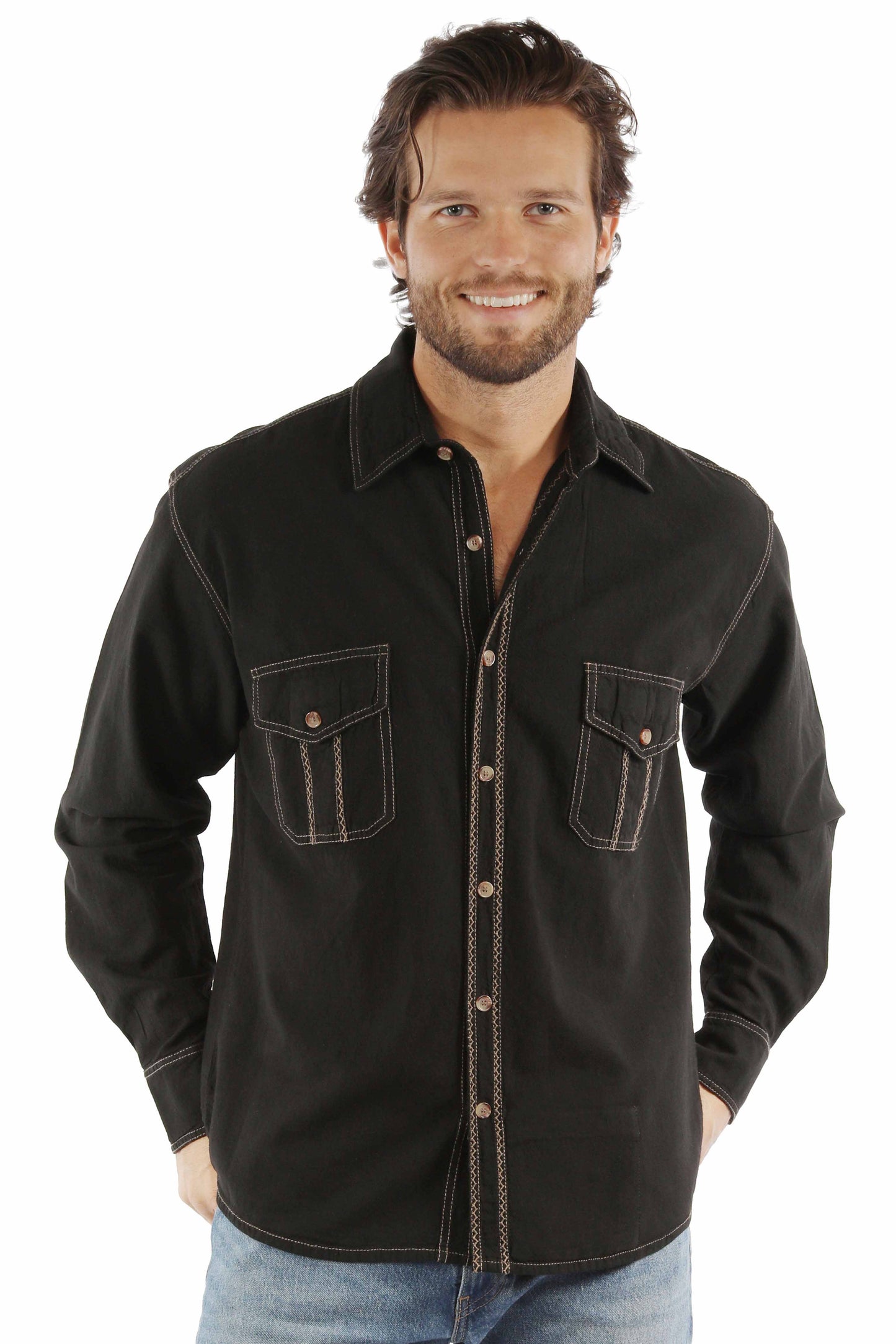 Scully Men's Long Sleeve Button Front Shirt With Contrast Stitch in Black