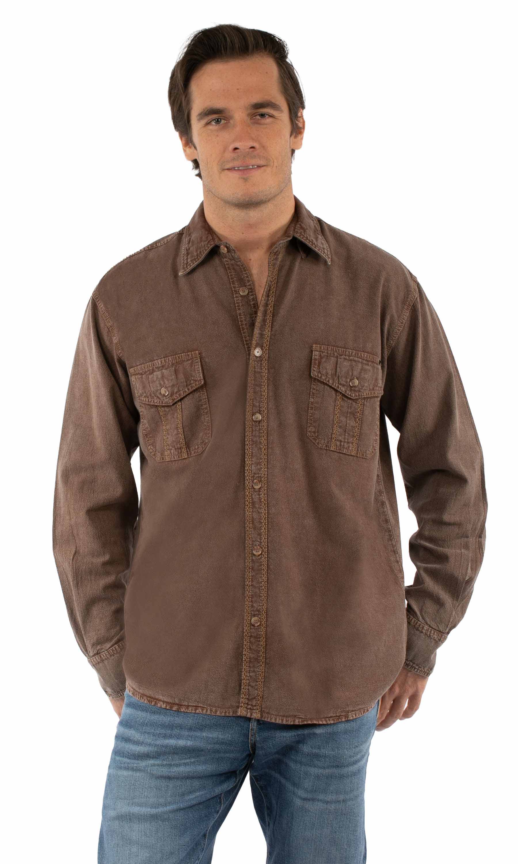 Scully Men's Long Sleeve Button Front Shirt With Contrast Stitch in Light Latte