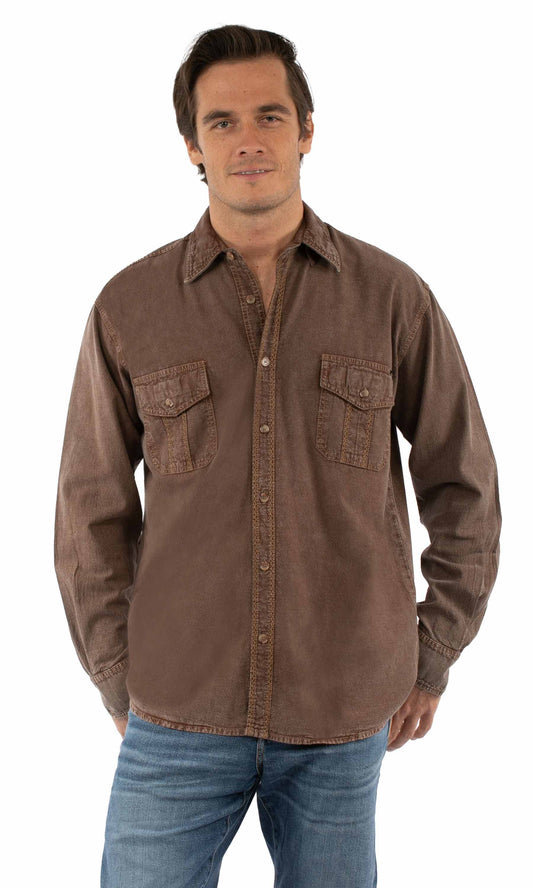 Scully Men's Long Sleeve Button Front Shirt With Contrast Stitch in Light Latte