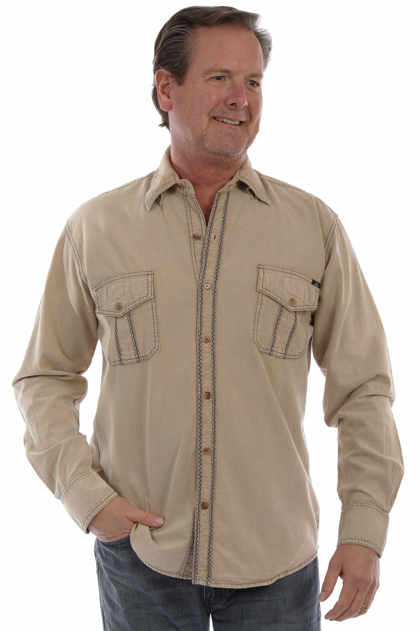 Scully Men's Long Sleeve Button Front Shirt With Contrast Stitch in Stone