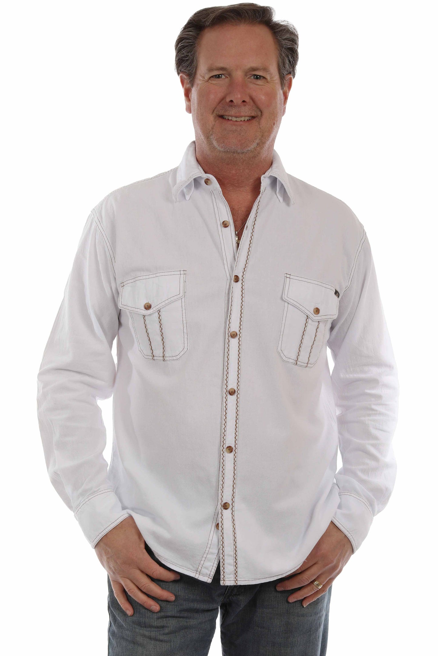 Scully Men's Long Sleeve Button Front Shirt With Contrast Stitch in White