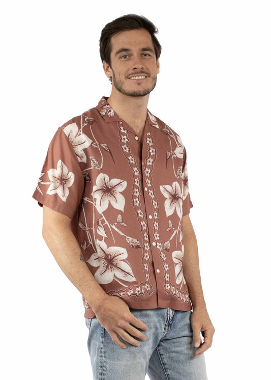 Scully Western Men's Hawaiian Orchid Print Shirt in Brown