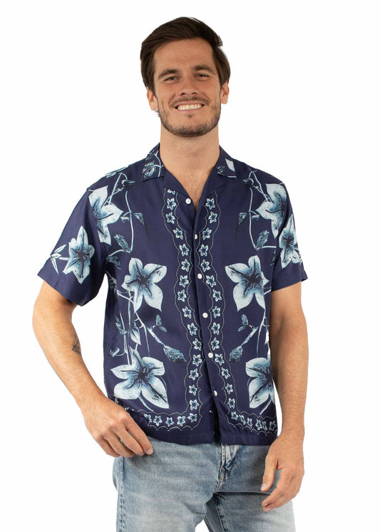 Scully Western Men's Hawaiian Orchid Print Shirt in Navy