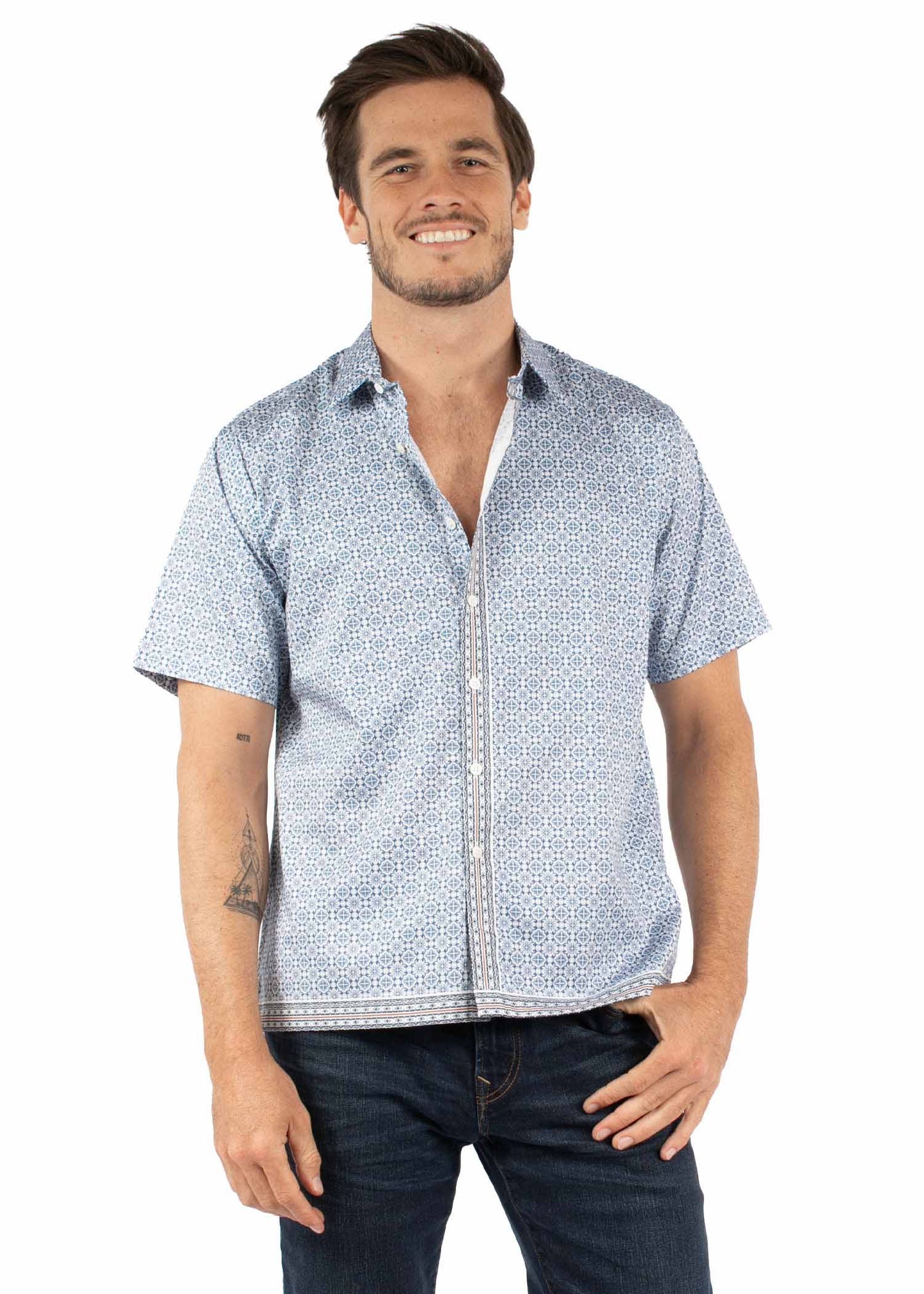 Scully Western Men's Short Sleeve Print Button Shirt in Blue