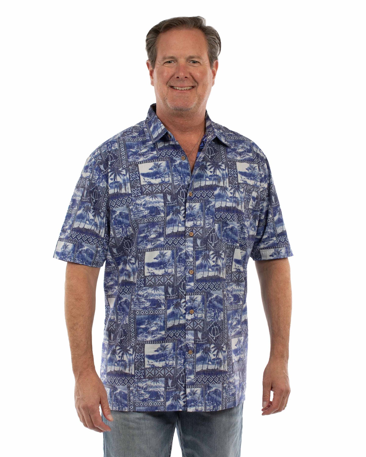 Scully Men's Casual Hawaiian Print Button Shirt in Blue