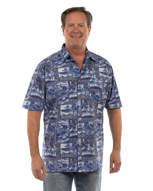 Scully Men's Casual Hawaiian Print Button Shirt in Blue