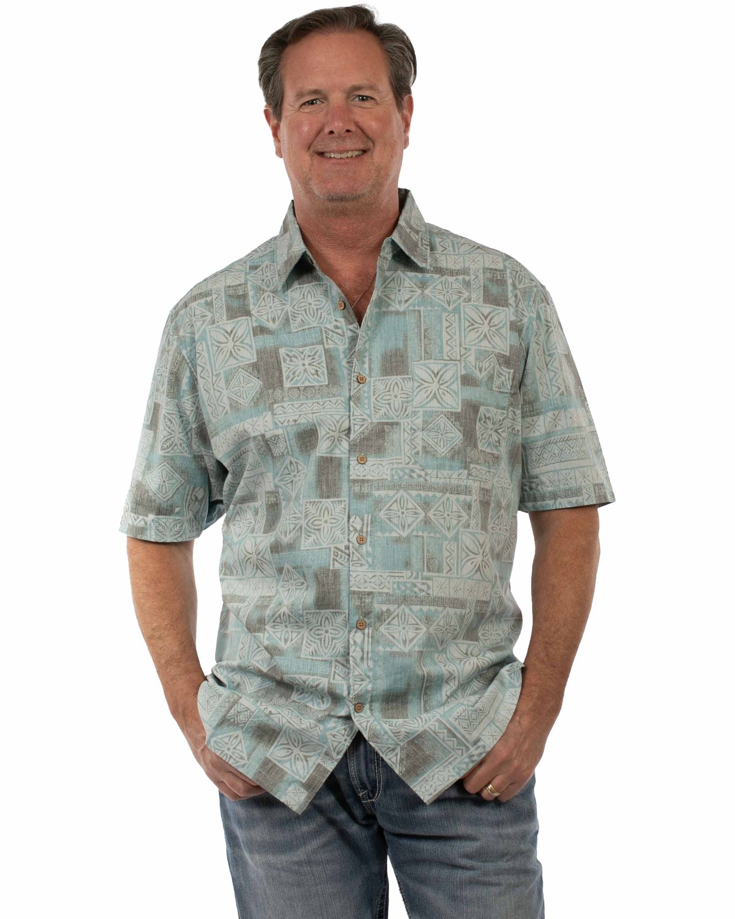 Scully Men's Casual Herringbone Hawaiian Button Shirt in Aqua