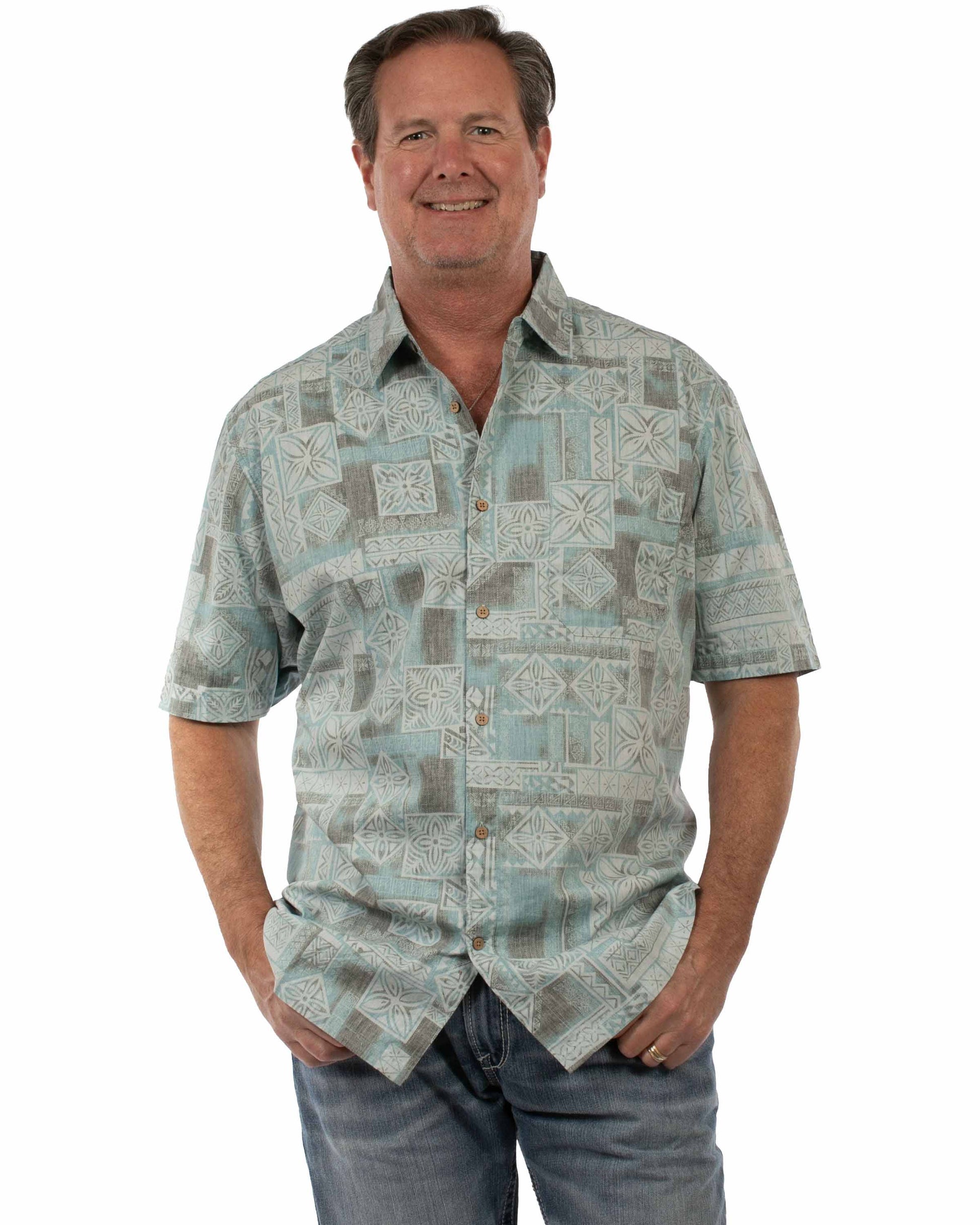 Scully Men's Casual Herringbone Hawaiian Button Shirt in Aqua