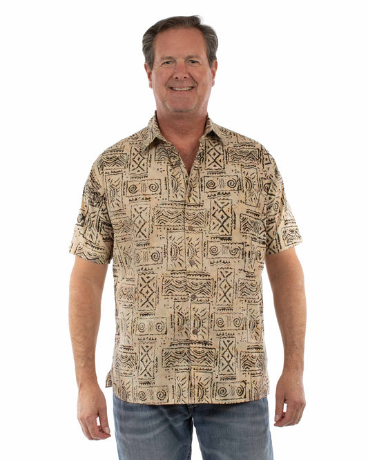 Scully Western Men's Short Sleeve Batik Print Shirt in Sand