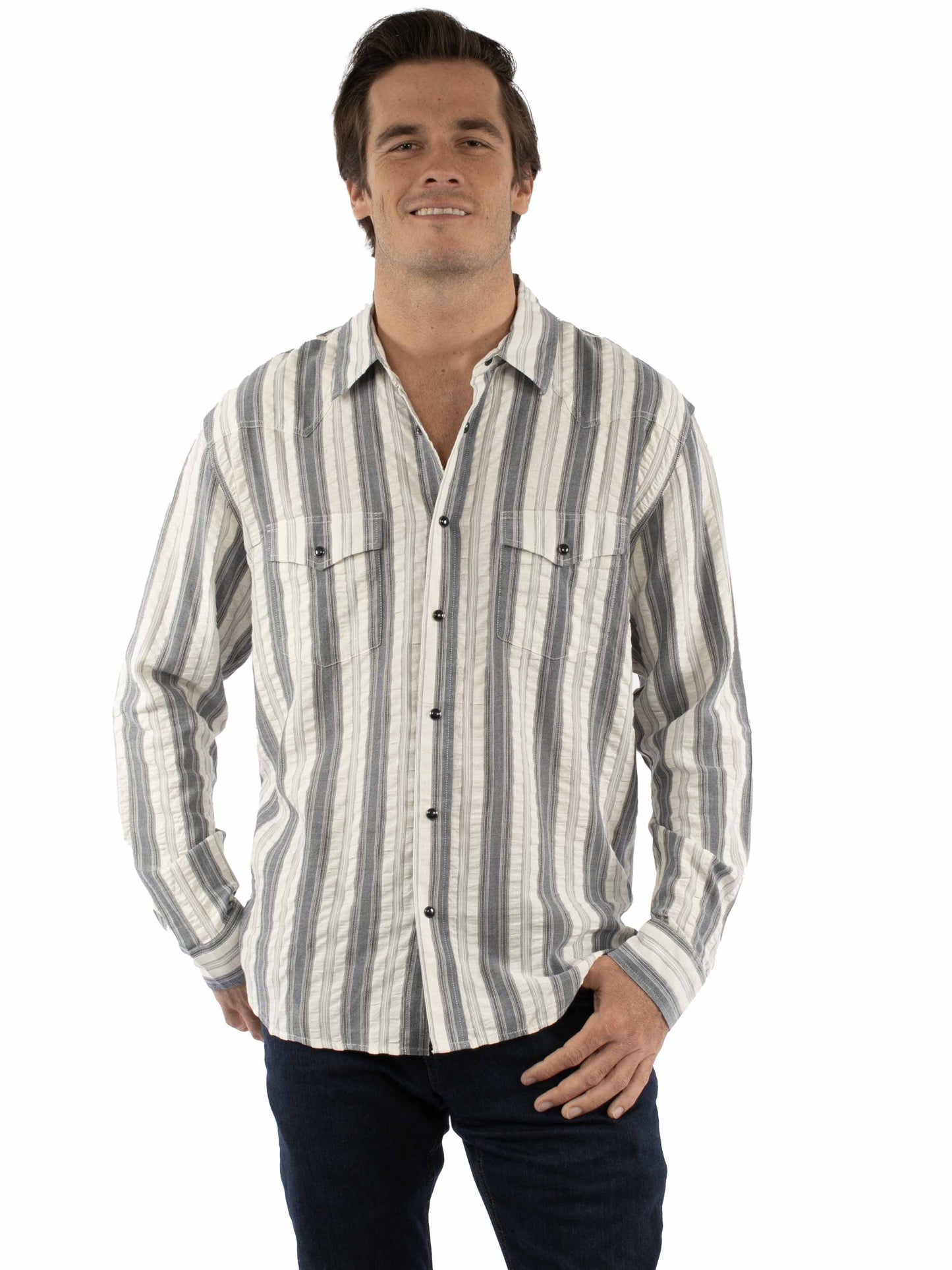 Scully Western Men's Stripe Snap Front Brown Shirt in Blue