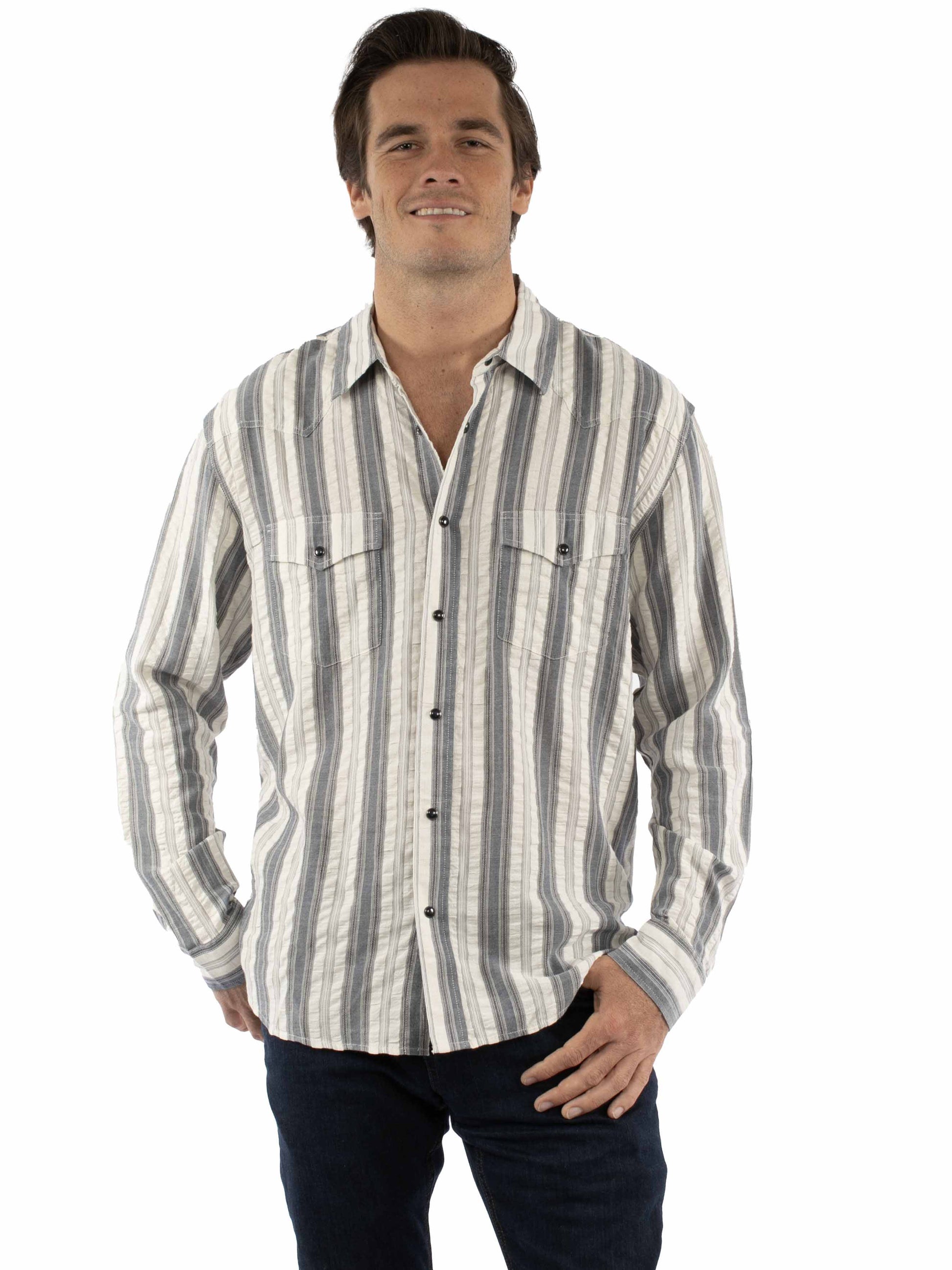 Scully Western Men's Stripe Snap Front Brown Shirt in Blue