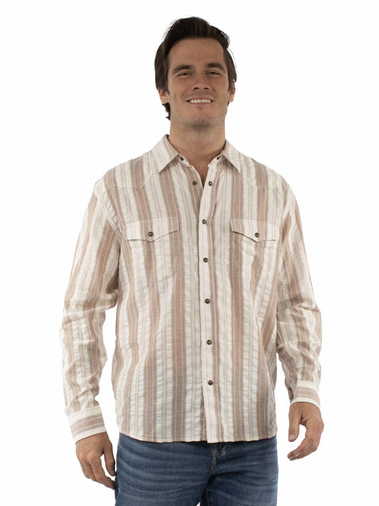 Scully Western Men's Long Sleeve Stripe Snap Front Shirt in Tan