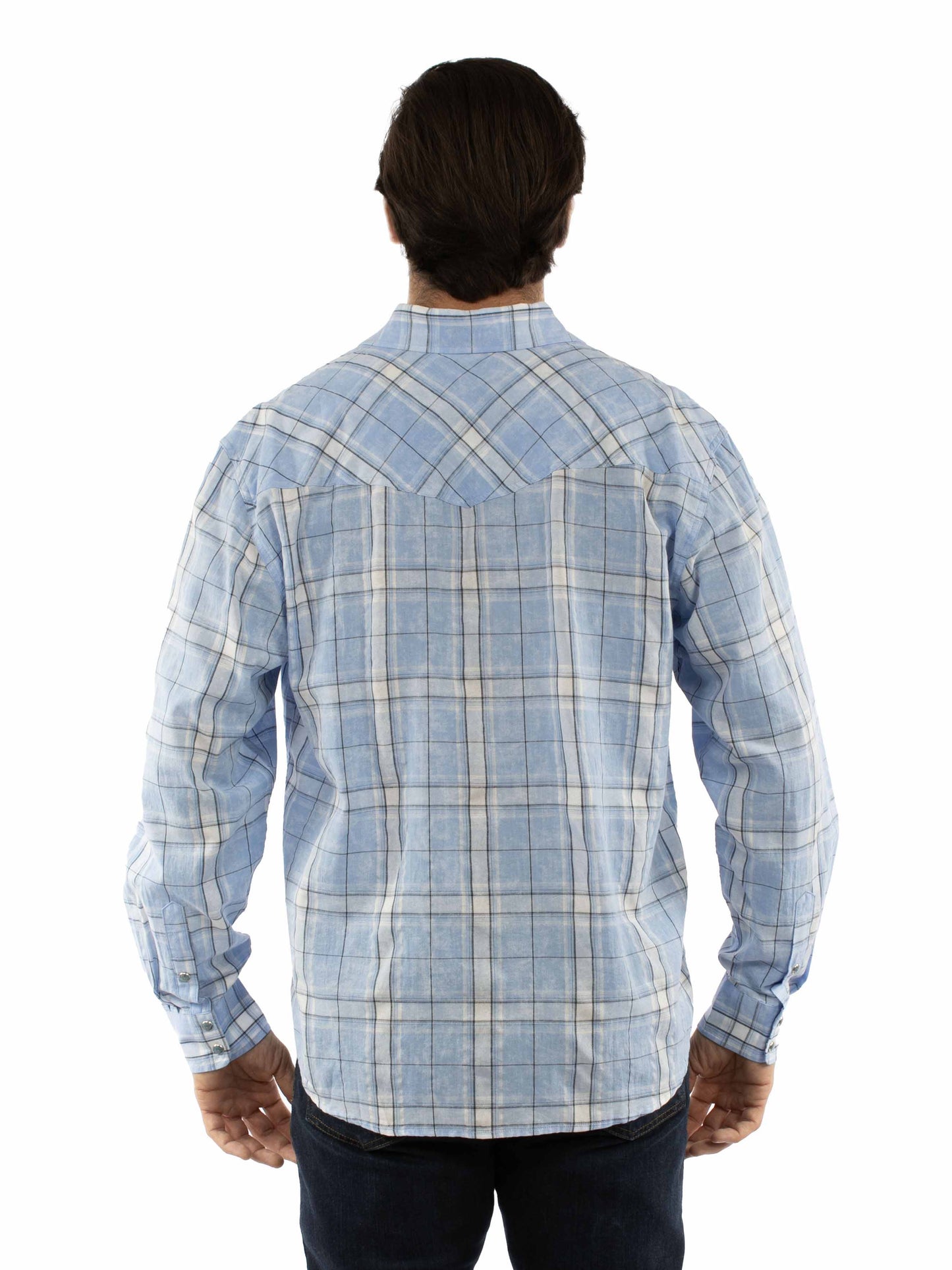 Scully Western Men's Long Sleeve Plaid Snap Front Shirt in Blue