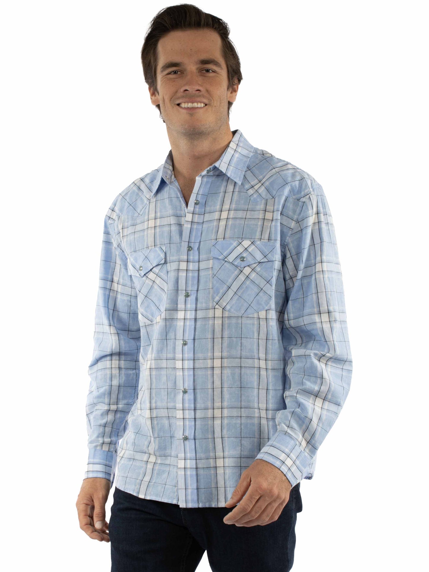 Scully Western Men's Long Sleeve Plaid Snap Front Shirt in Blue