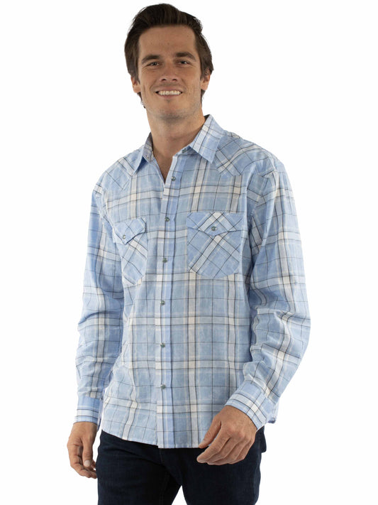 Scully Western Men's Long Sleeve Plaid Snap Front Shirt in Blue