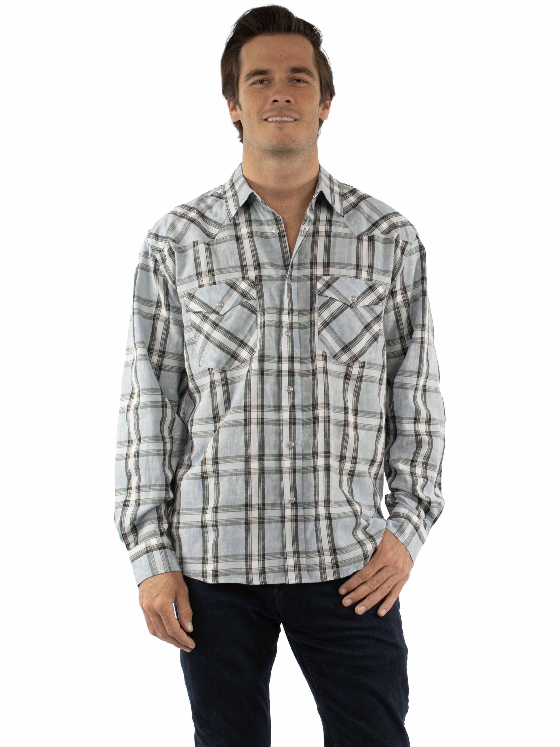 Scully Western Men's Long Sleeve Plaid Snap Front Shirt in Grey