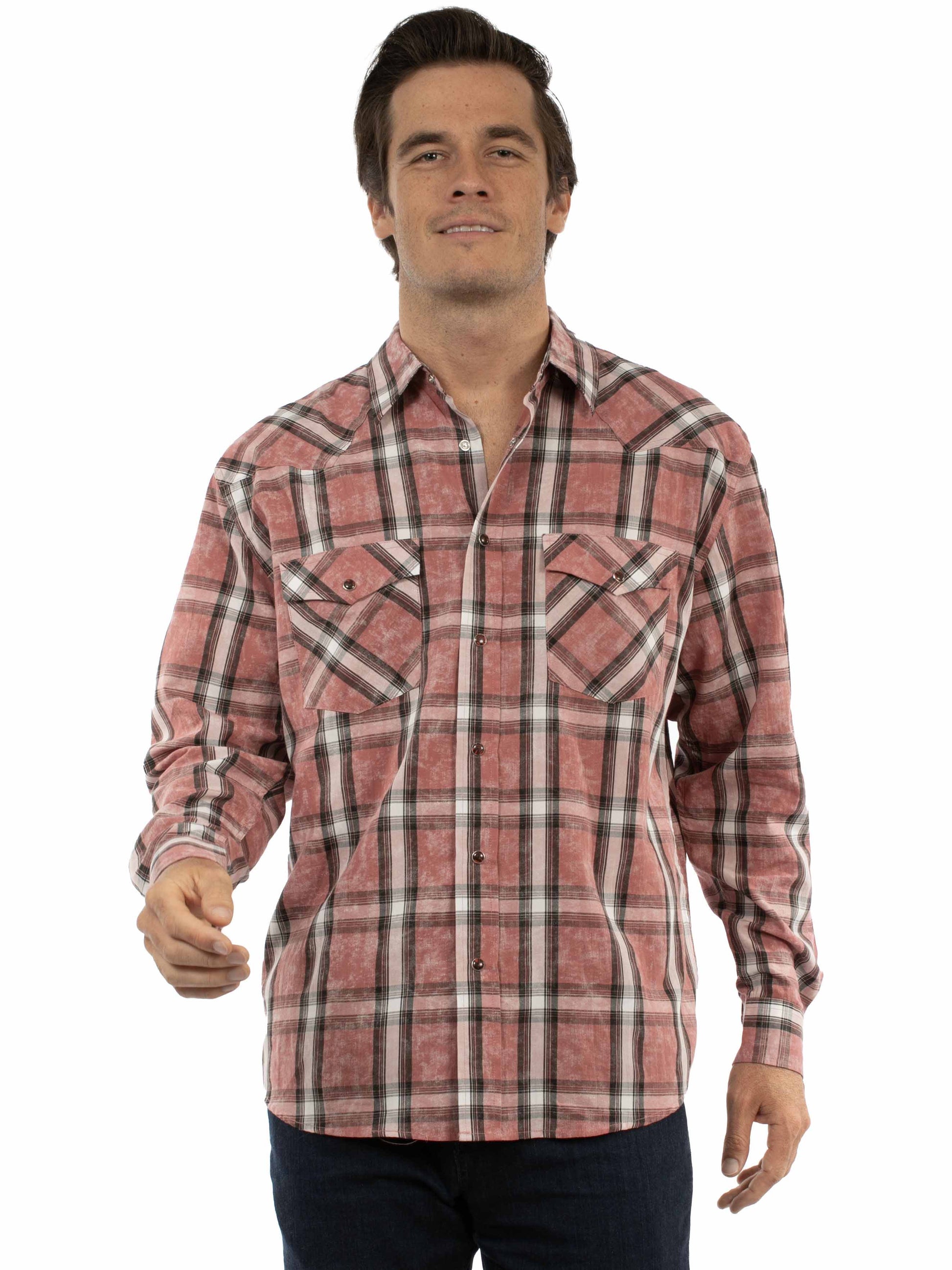 Scully Western Men's Long Sleeve Plaid Snap Front Shirt in Red