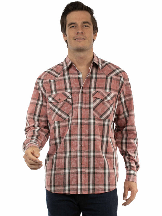 Scully Western Men's Long Sleeve Plaid Snap Front Shirt in Red