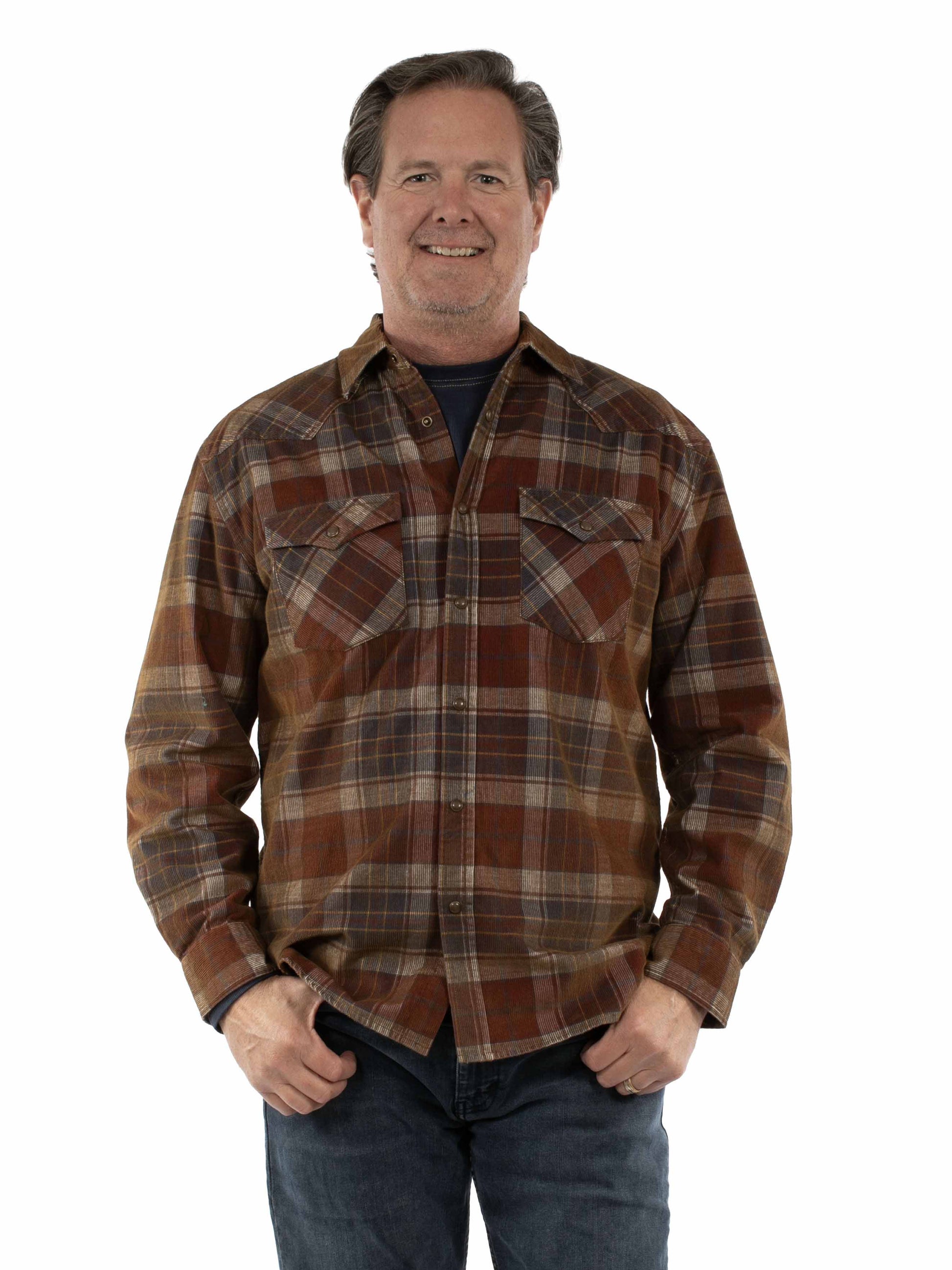 Scully Western Men's Long Sleeve Corduroy Plaid Shirt in Bark