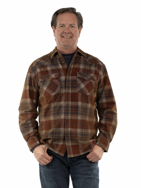 Scully Western Men's Long Sleeve Corduroy Plaid Shirt in Bark