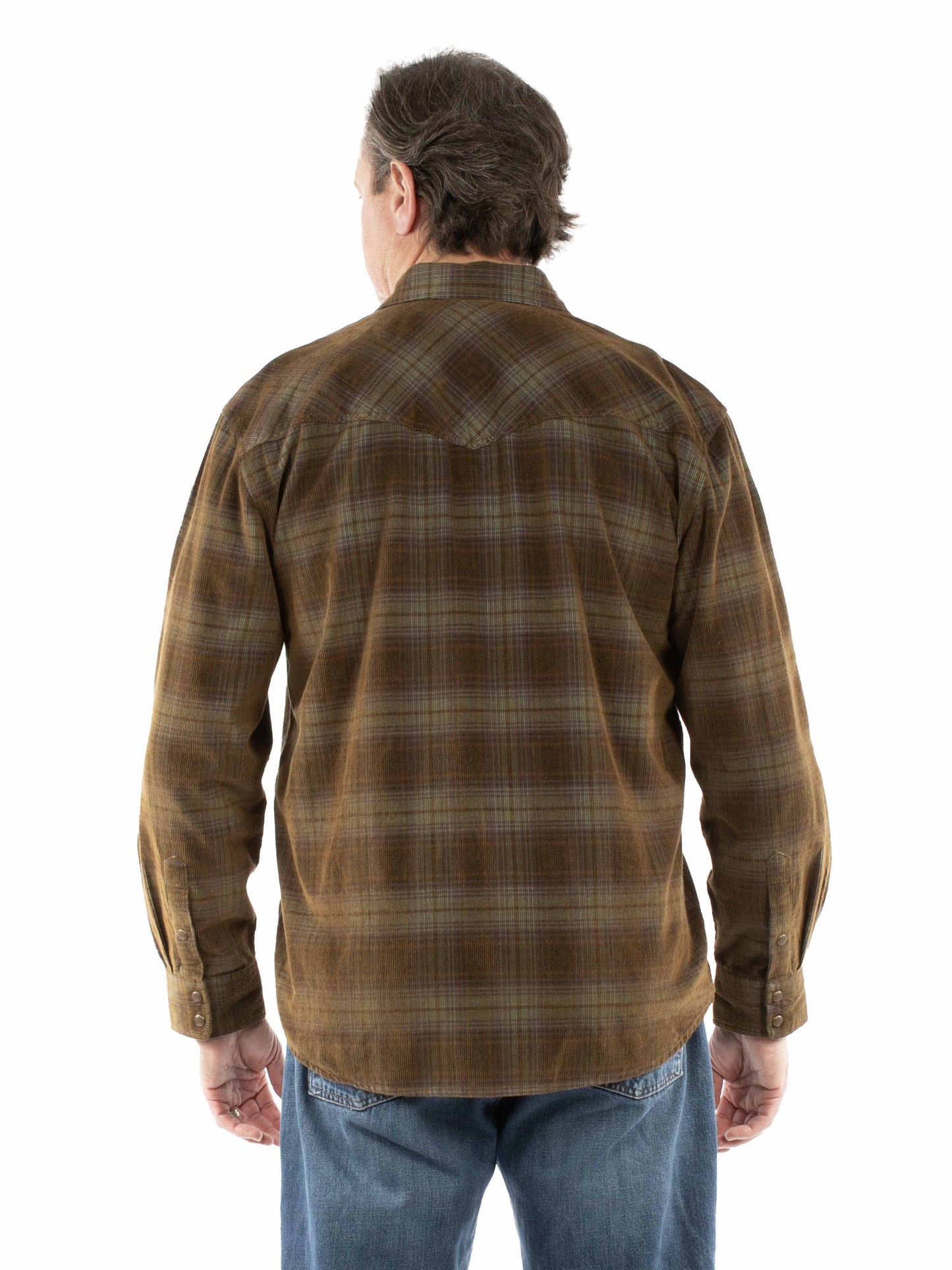 Scully Western Men's Long Sleeve Corduroy Plaid Shirt in Olive