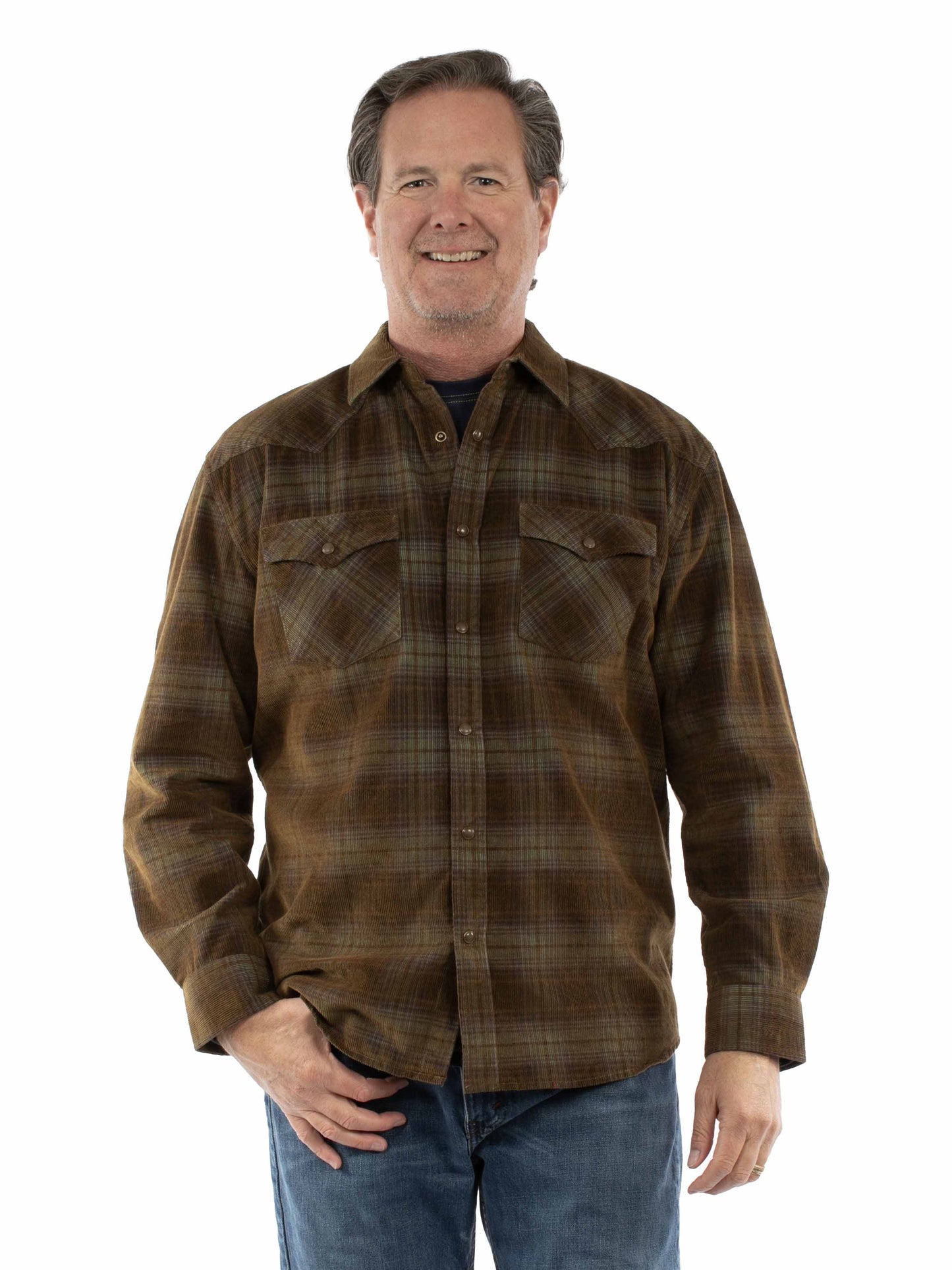 Scully Western Men's Long Sleeve Corduroy Plaid Shirt in Olive