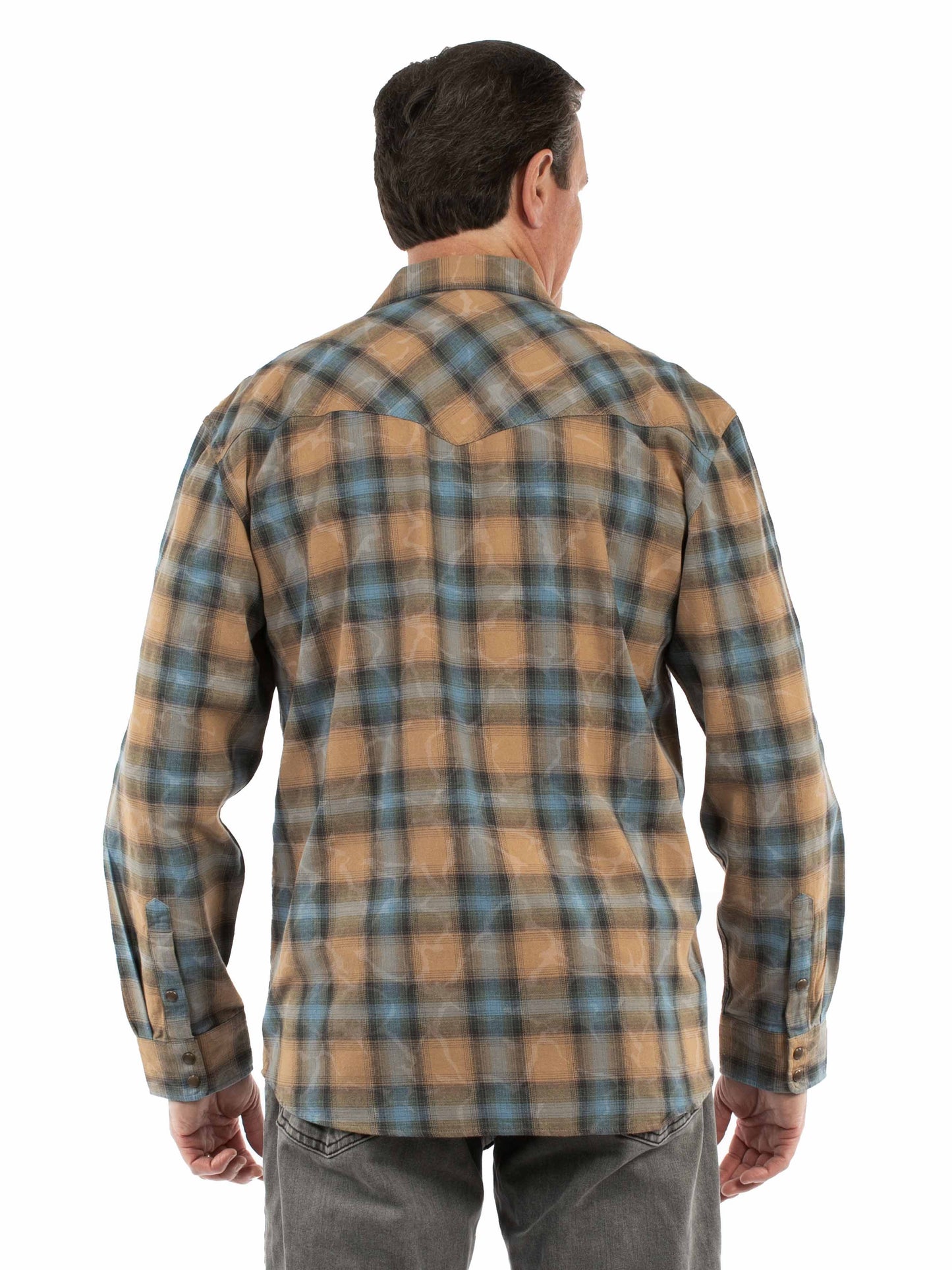 Scully Western Men's Long Sleeve Snow Washed Plaid Shirt in Cafe