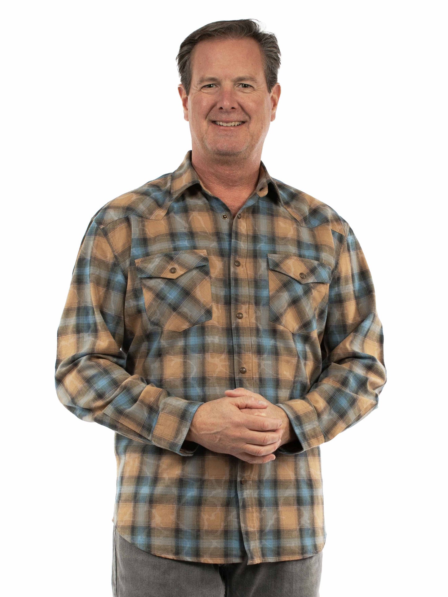 Scully Western Men's Long Sleeve Snow Washed Plaid Shirt in Cafe