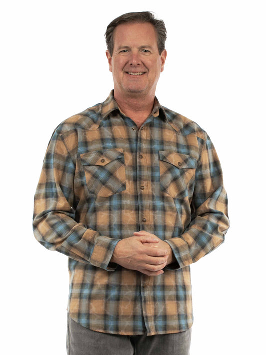 Scully Western Men's Long Sleeve Snow Washed Plaid Shirt in Cafe