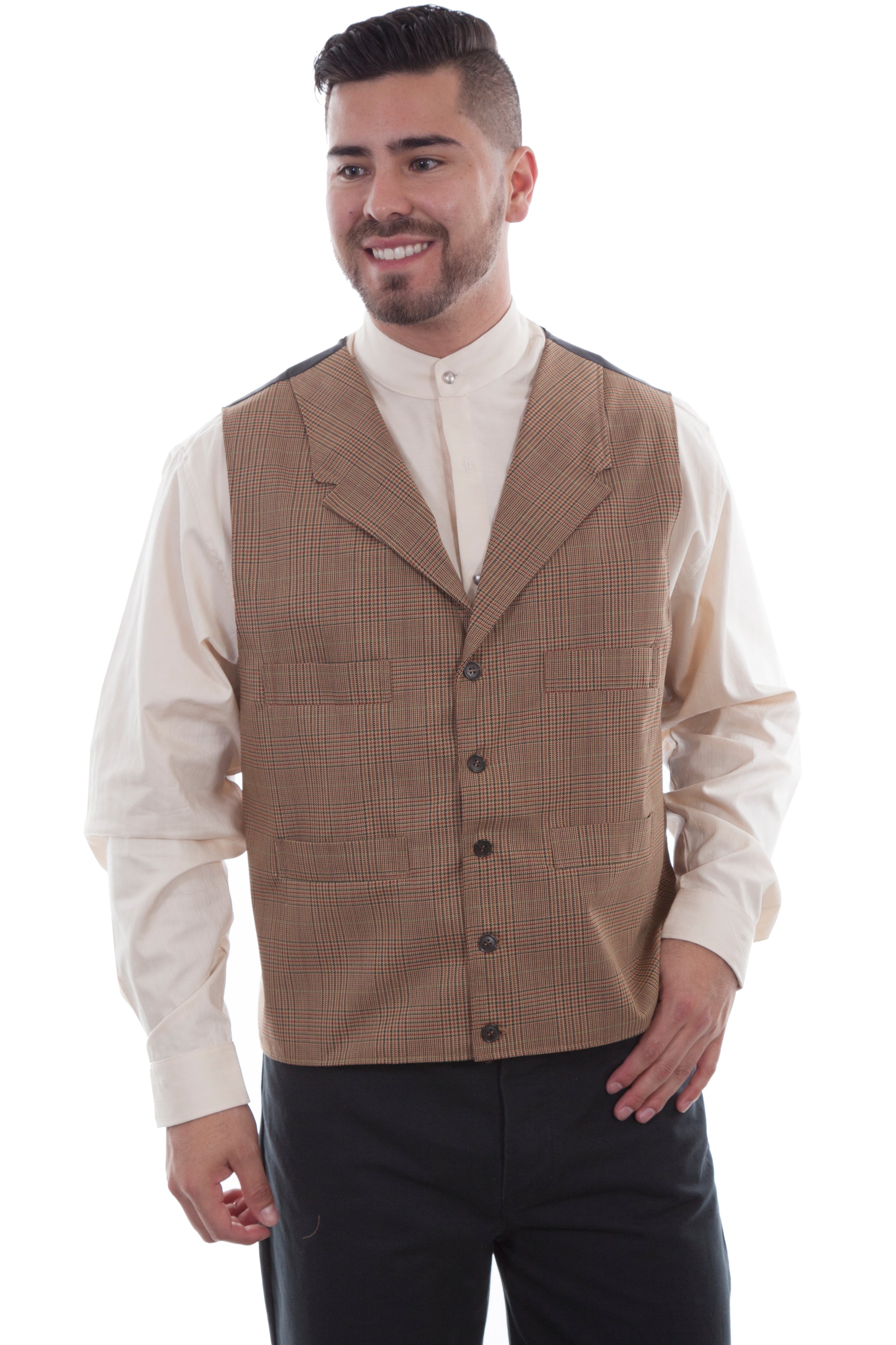 Scully Western Men's Wahmaker Plaid Pocket Vest in Tan