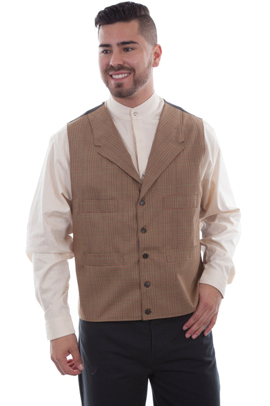 Scully Western Men's Wahmaker Plaid Pocket Vest in Tan