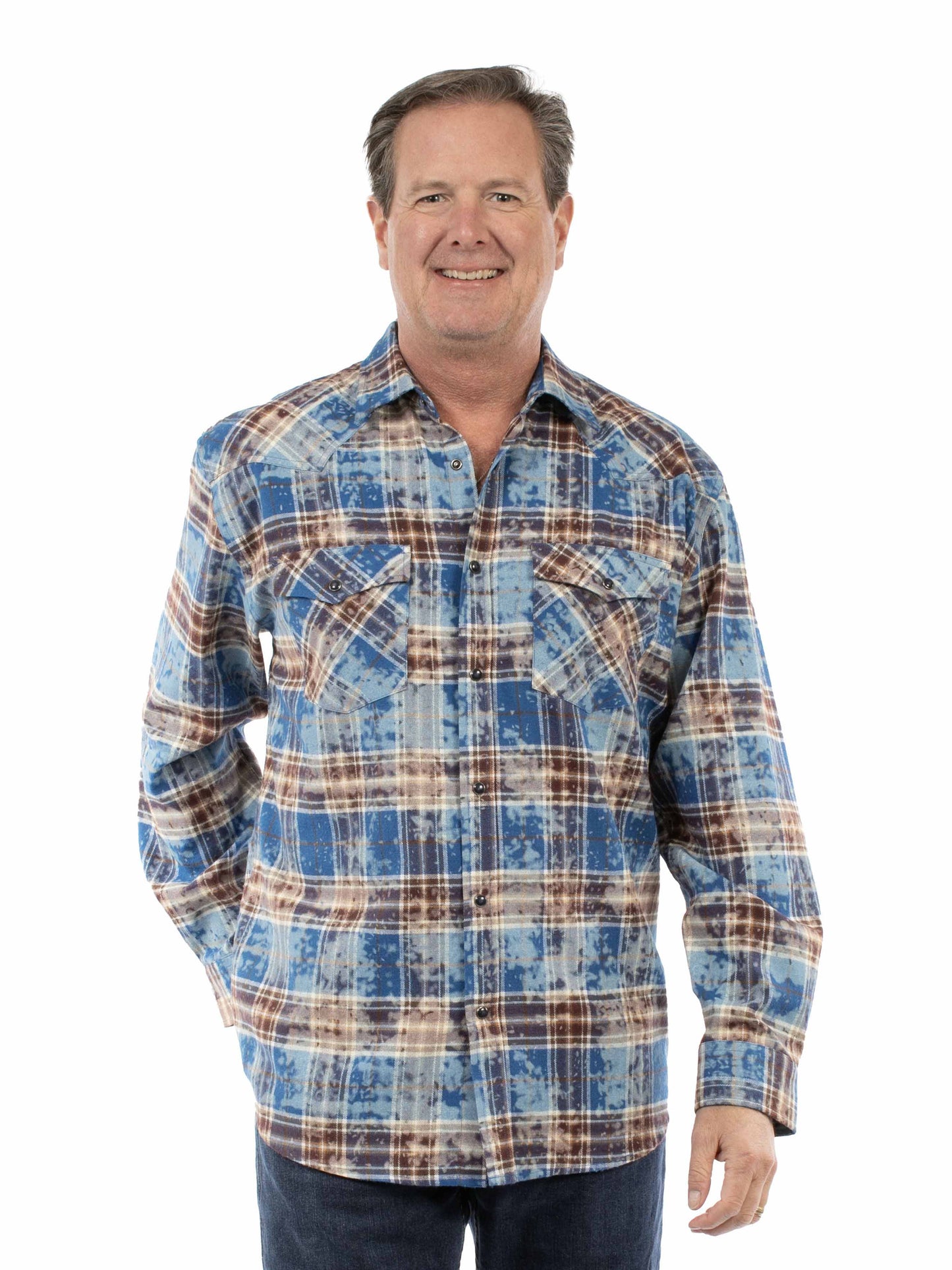 Scully Western Men's Long Sleeve Snow Washed Plaid Shirt in Blue