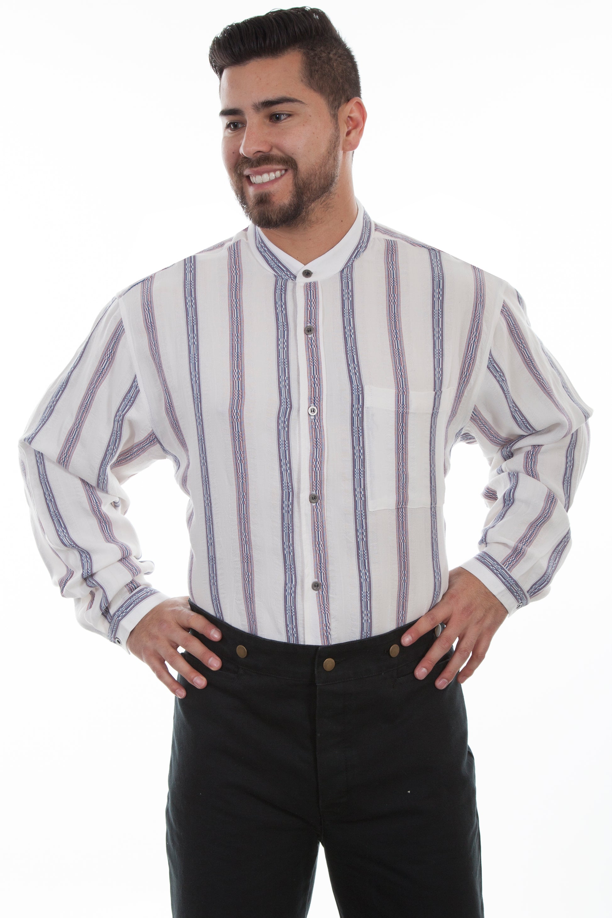 Scully Men's Dobby Striped Band Collar Shirt in Ivory