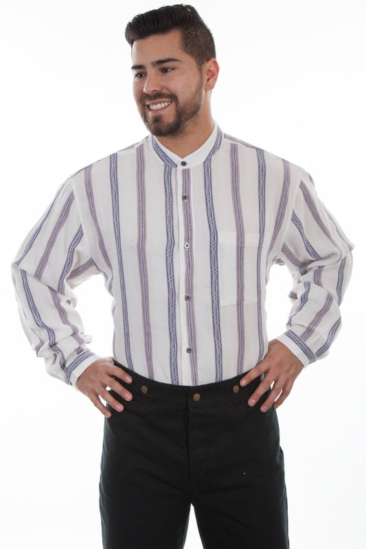 Scully Men's Dobby Striped Band Collar Shirt in Ivory