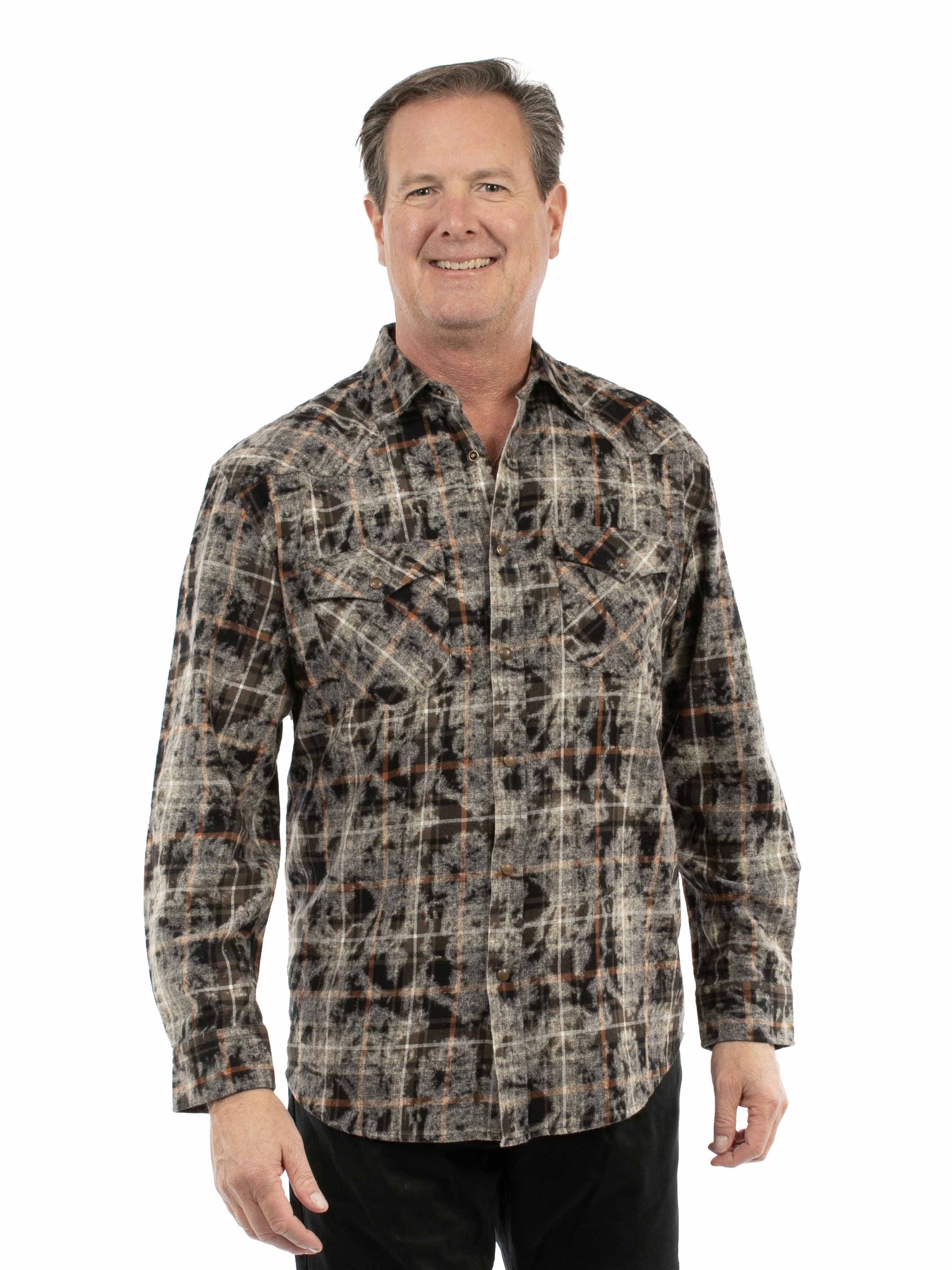 Scully Western Men's Snow Washed Plaid Shirt in Olive