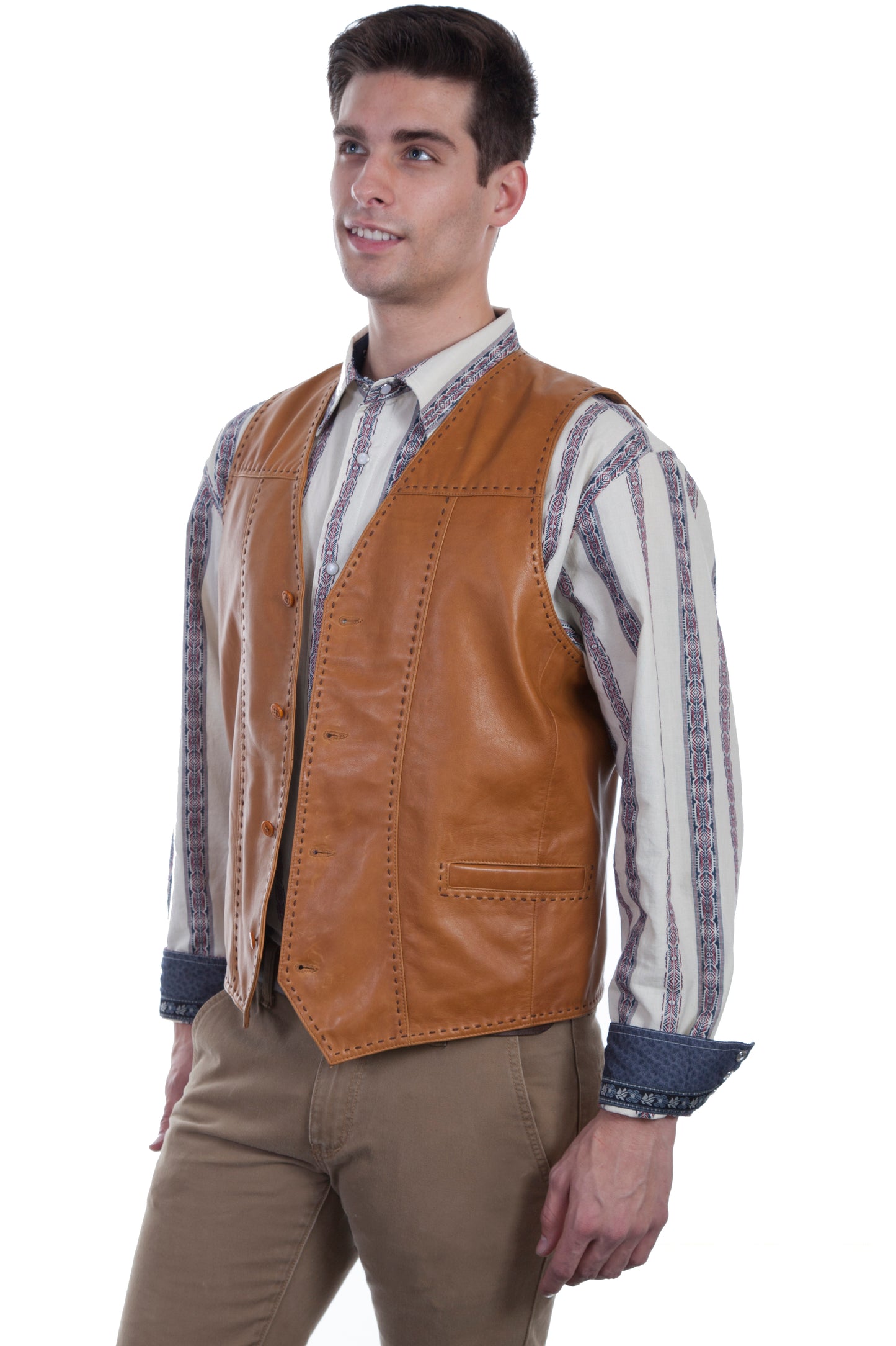 Scully Western Men's Pick Stitch Welt Pocket Vest in Saddle Tan