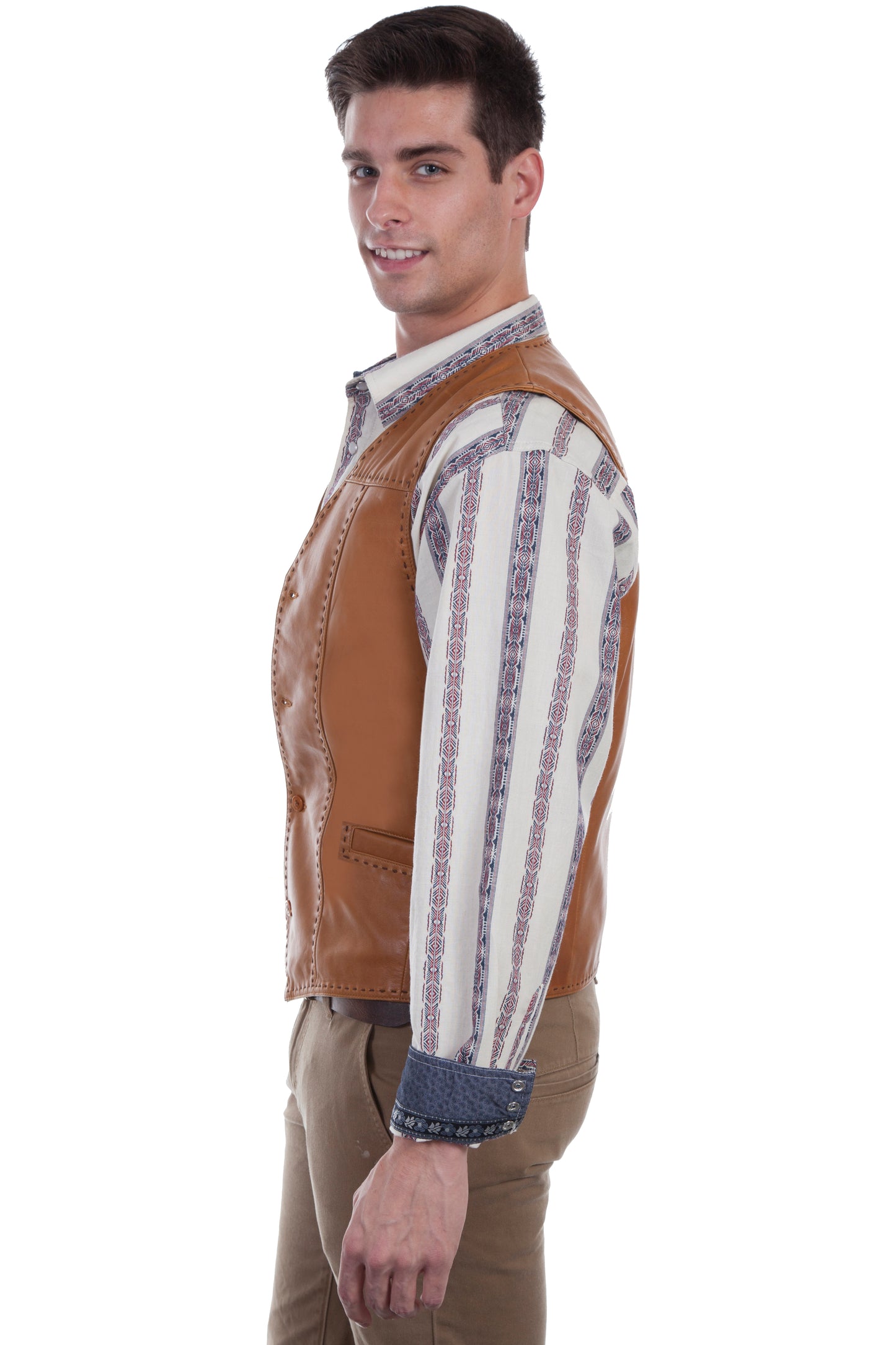 Scully Western Men's Pick Stitch Welt Pocket Vest in Saddle Tan