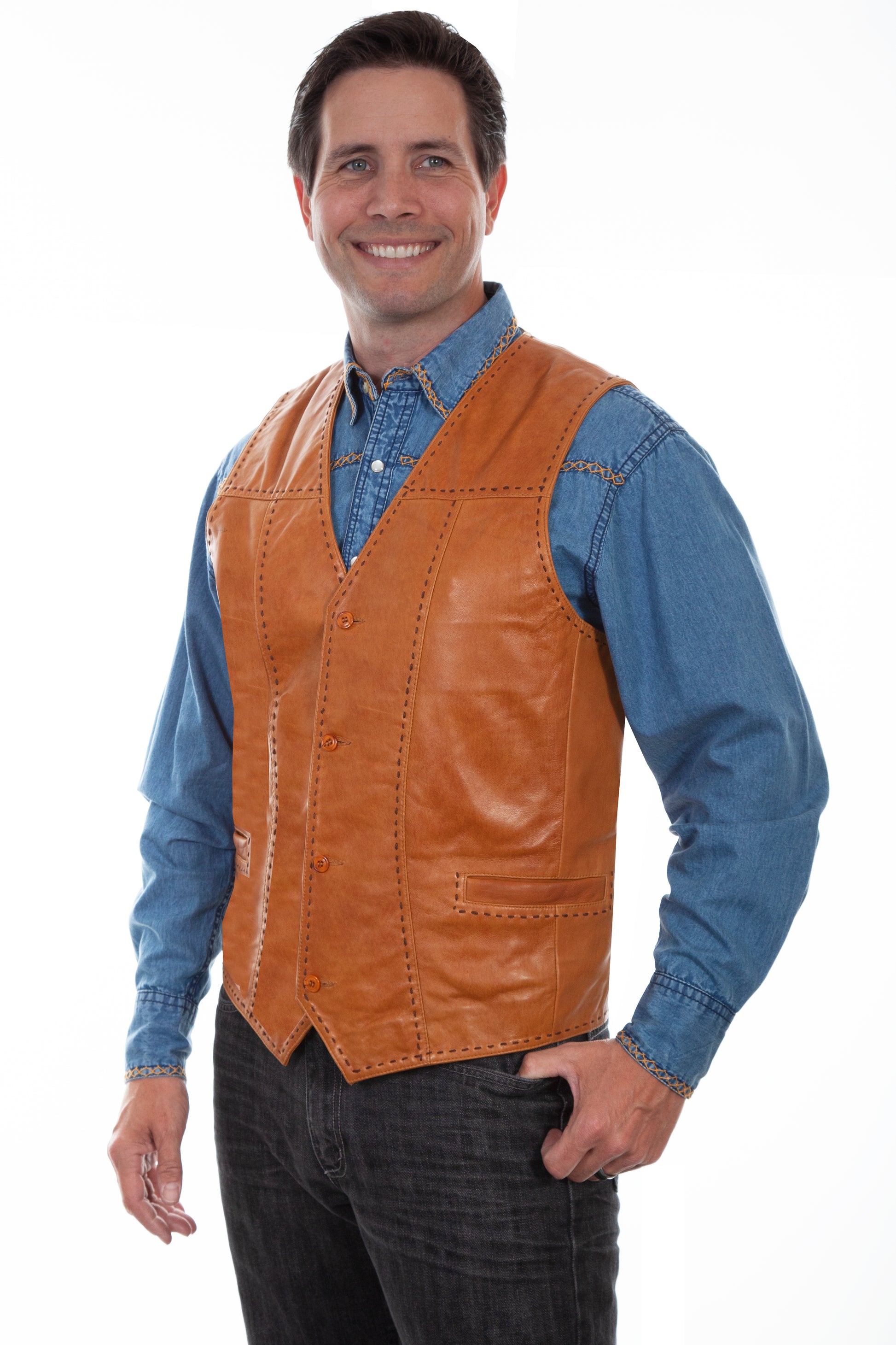 Scully Western Men's Pick Stitch Welt Pocket Vest in Saddle Tan
