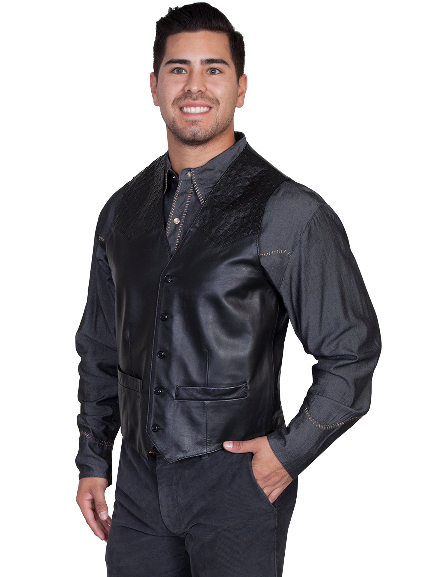 Scully Men's Lamb With Ostrich Trim Vest in Black