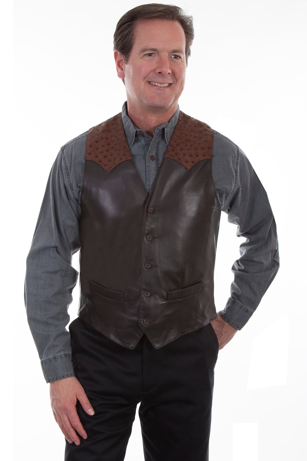 Scully Men's Lamb With Black Ostrich Trim Vest in Brown