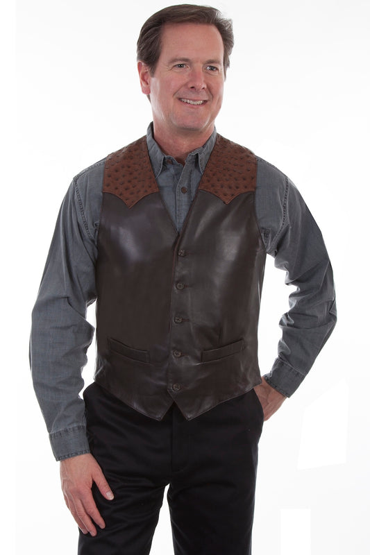 Scully Men's Lamb With Black Ostrich Trim Vest in Brown