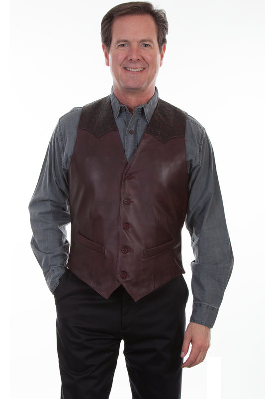 Scully Men's Lamb With Black Ostrich Trim Vest in Cherry