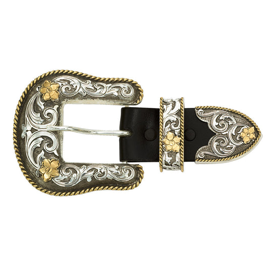 Montana Silversmiths Antiqued Two Tone Filigree 1.5" 3 Piece Belt Buckle Set