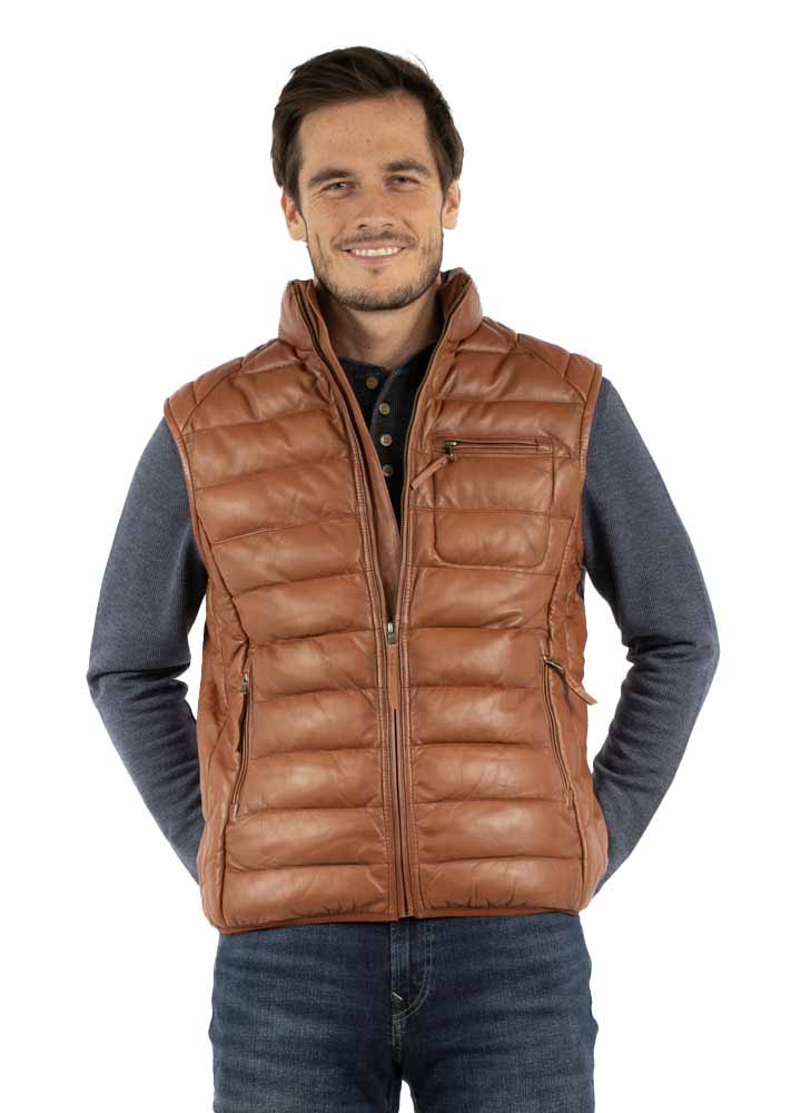 Scully Men's Ribbed Leather Vest in Cognac Soft Lamb